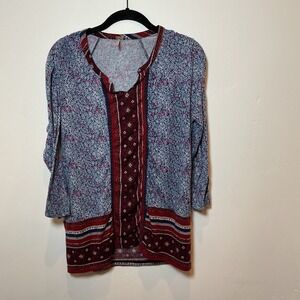 Free People Women's Boho Floral Print‎ Tunic Top Size L Blue Red Patterned